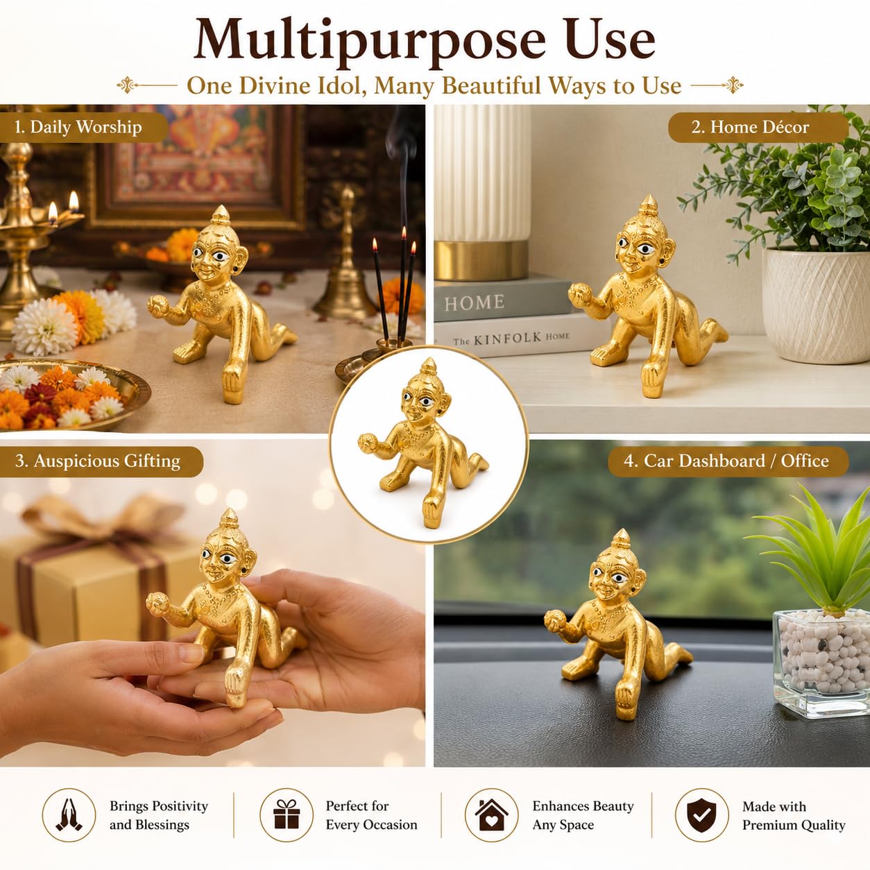 Pure Source India Gold Brass Laddu Gopal Idol | Bal Gopal Krishna Murti for Pooja, Home Temple & Decoration | Religious Gift for Janmashtami, Housewarming & Festivals