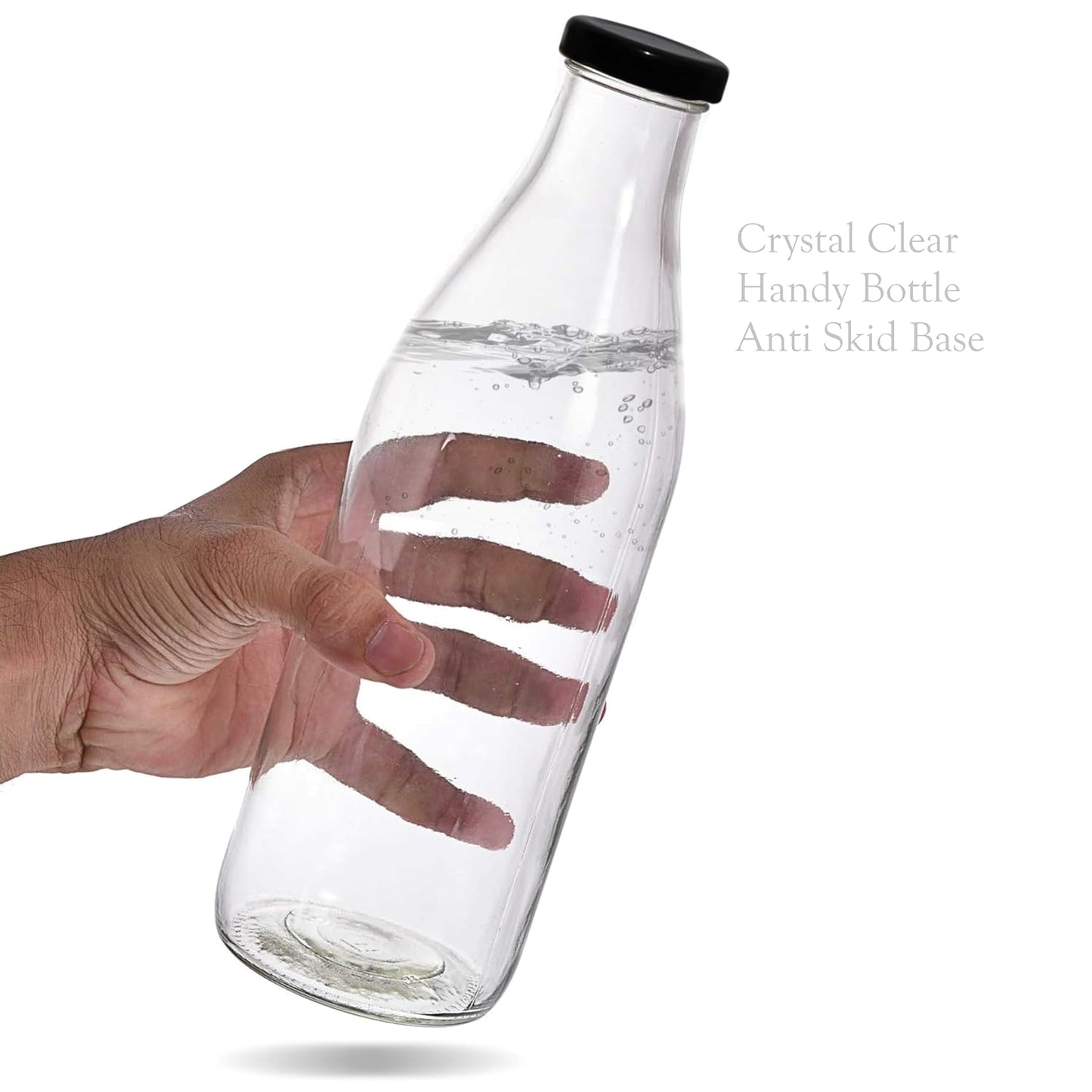 Milk, Water and Juice Glass Bottle With Airtight Black Cap - 1000 Ml (Transparent)