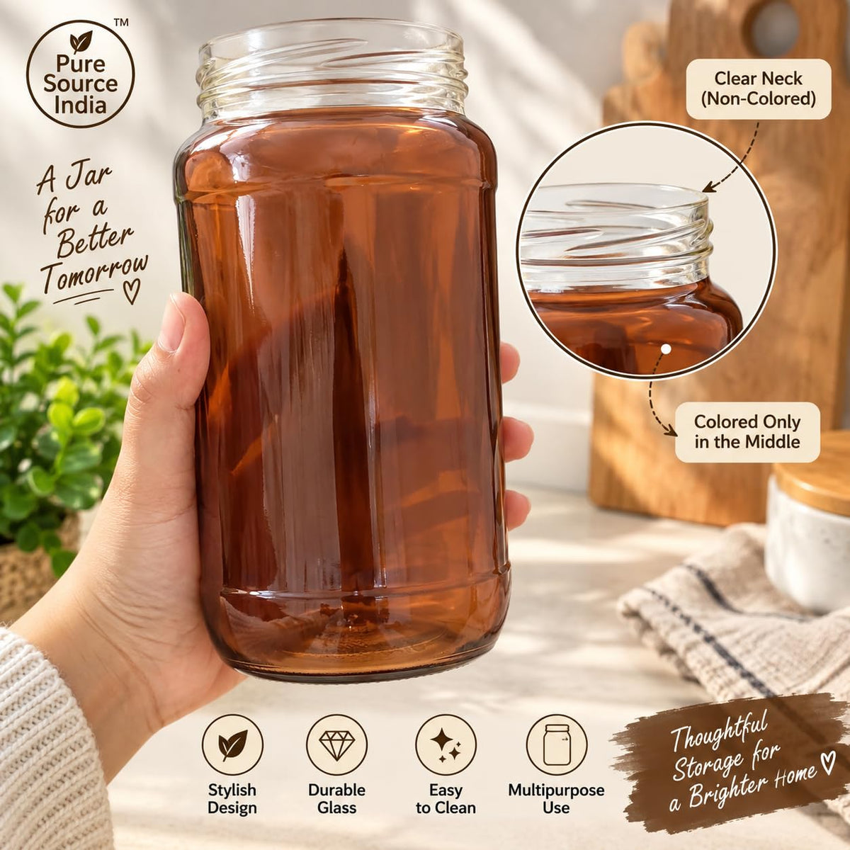 Pure Source India 1000ml Amber Glass Jar with Gold Metal Lid, Airtight Kitchen & Pantry Container, Multipurpose Food Storage Jar