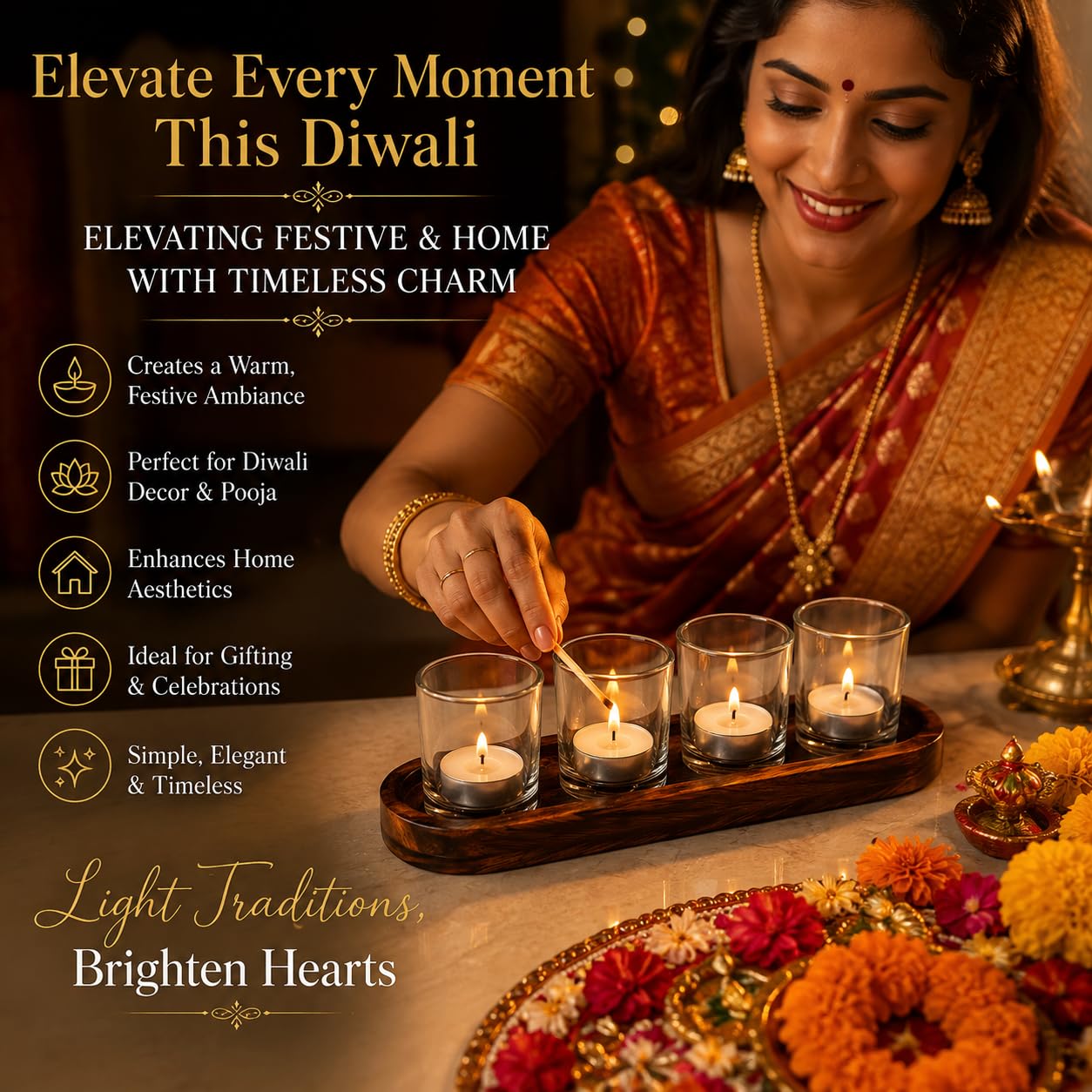 Pure Source India Glass Votive Tealight Candle Holders with Wooden Tray for Home Décor, Diwali Gifting, Living Room (Clear)