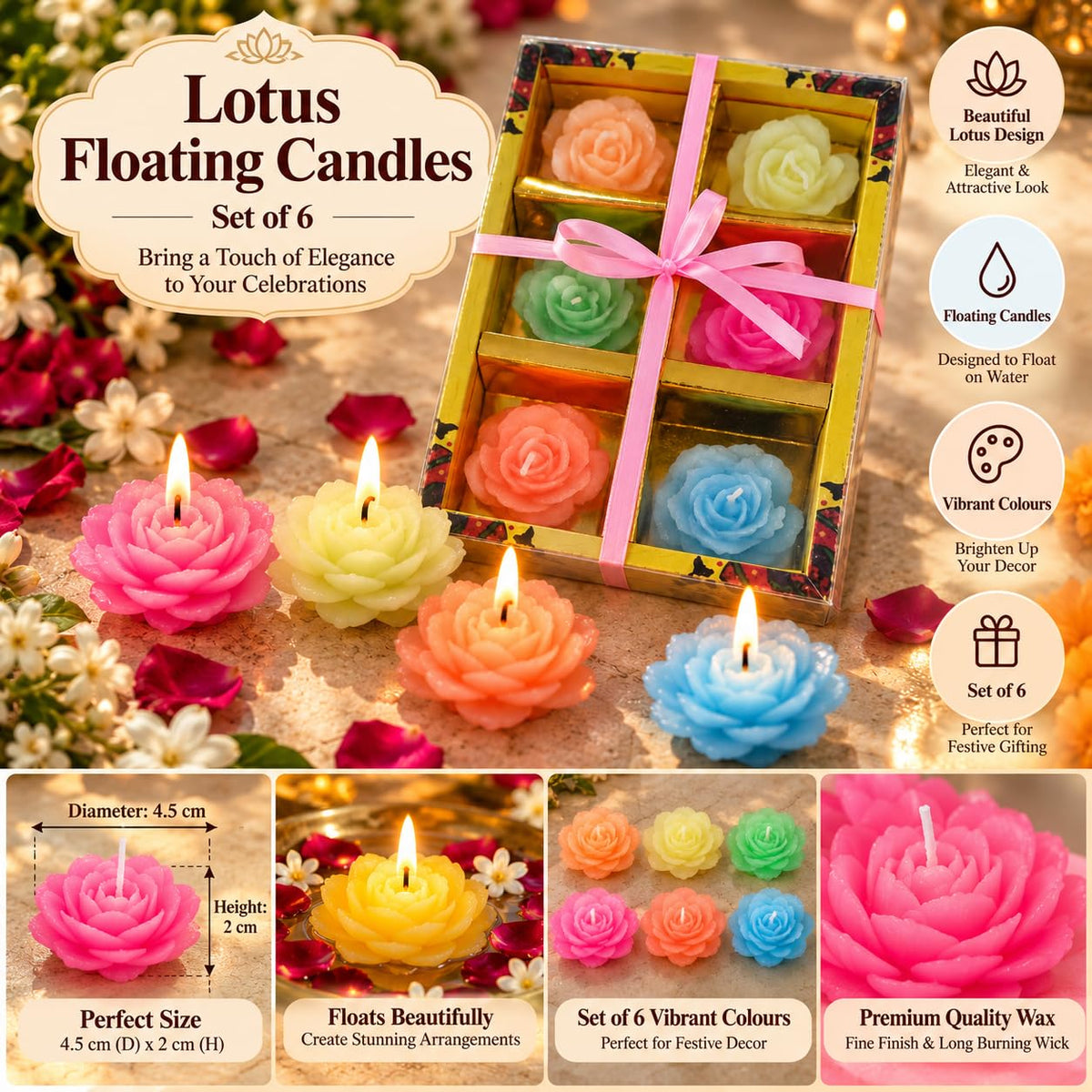 Pure Source India Lotus Floating Candles Set of 6 for Diwali Decor