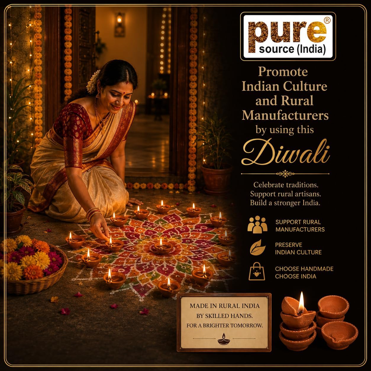 Pure Source India Natural Clay Traditional Diwali Ke Diye | Earthen Clay Diya | Mitti Ka Diva | Diyas for Pooja