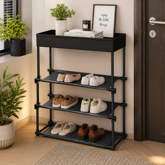 Pure Source India 4 Tier Shoe Rack Organizer with Top Storage Shelf, Metal Shoe Stand for Entryway, Closet, Bedroom & Hallway, Space Saving Storage Rack, Black