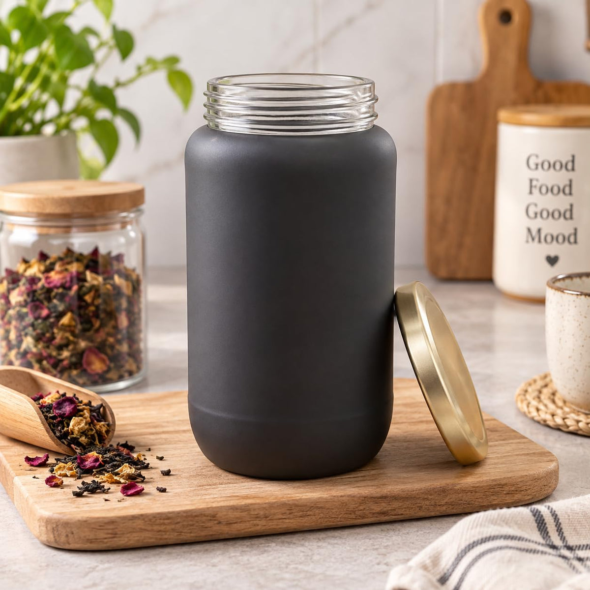 Pure Source India Black Matt Glass Jar with Gold Metal Lid, (1000ml), Airtight Kitchen & Pantry Container, Multipurpose Food Storage Jar