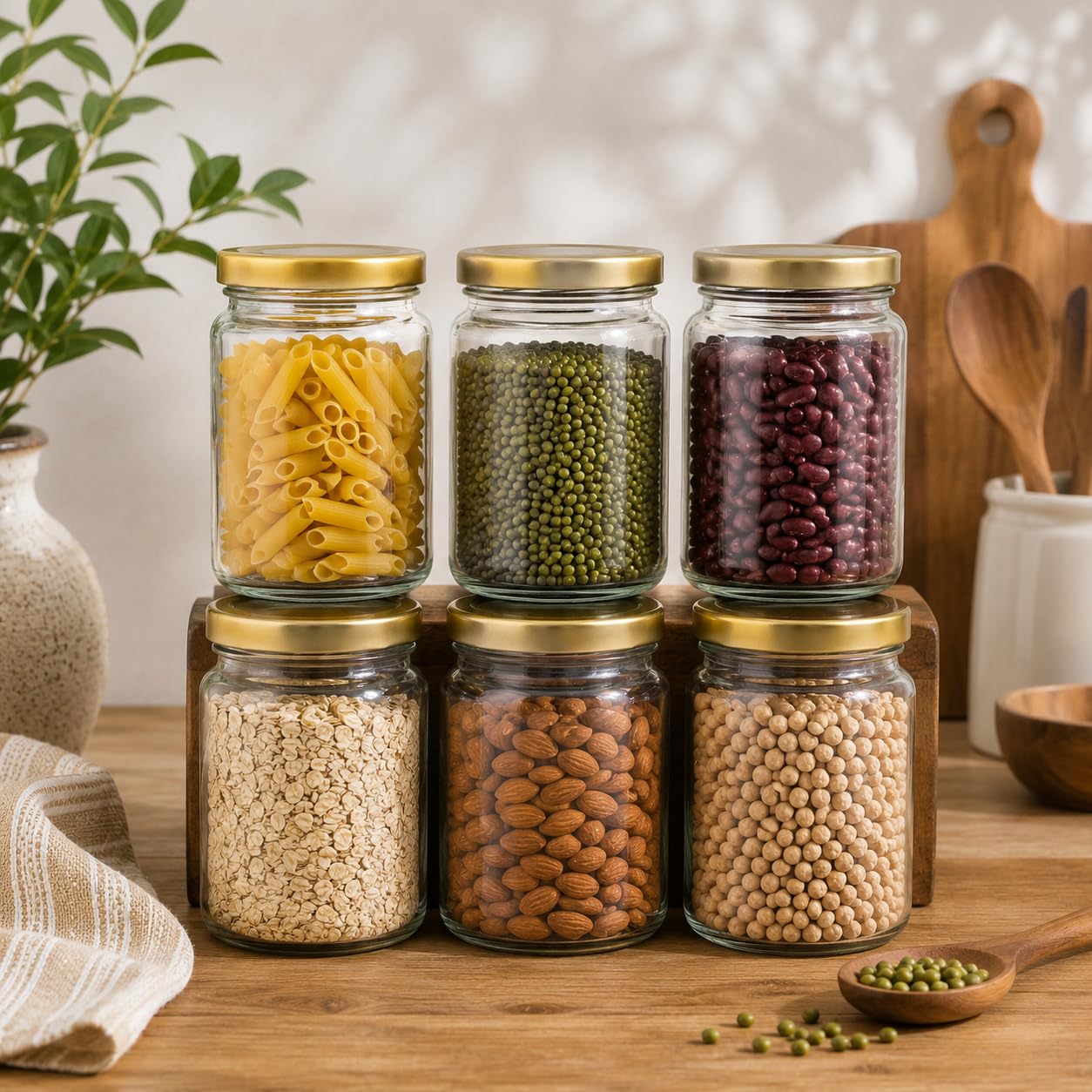 Pure Source India 500gm Round ,Glass Jar with Gold Lug Cap | Airtight Food Storage Jar for Honey, Jam, Pickles, Spices & Preserves