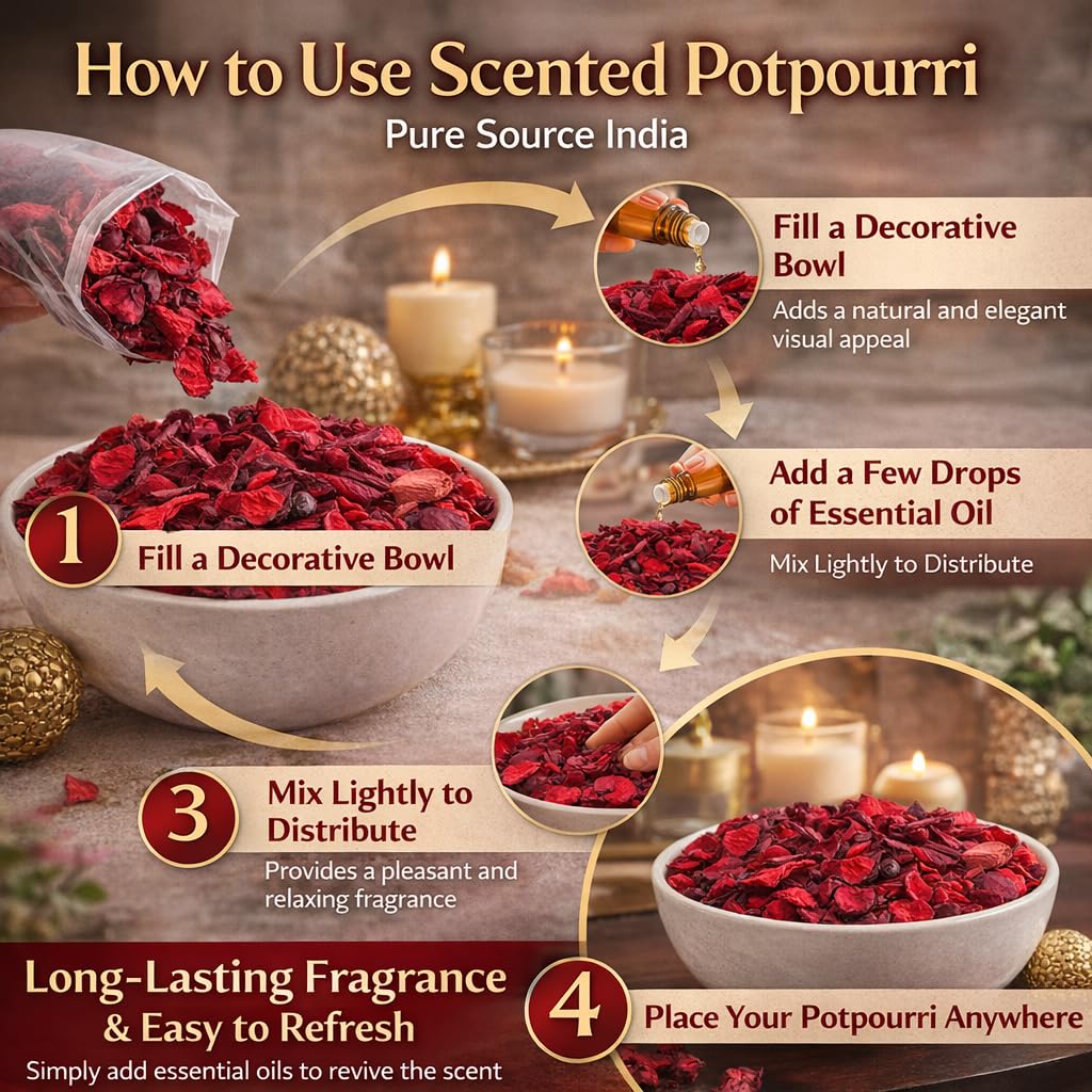 Pure Source India Premium  Red Rose Scented Potpourri Gift Pack – Natural Dried Flower Fragrance for Home Décor, Aromatherapy & Festive Gift Hampers
