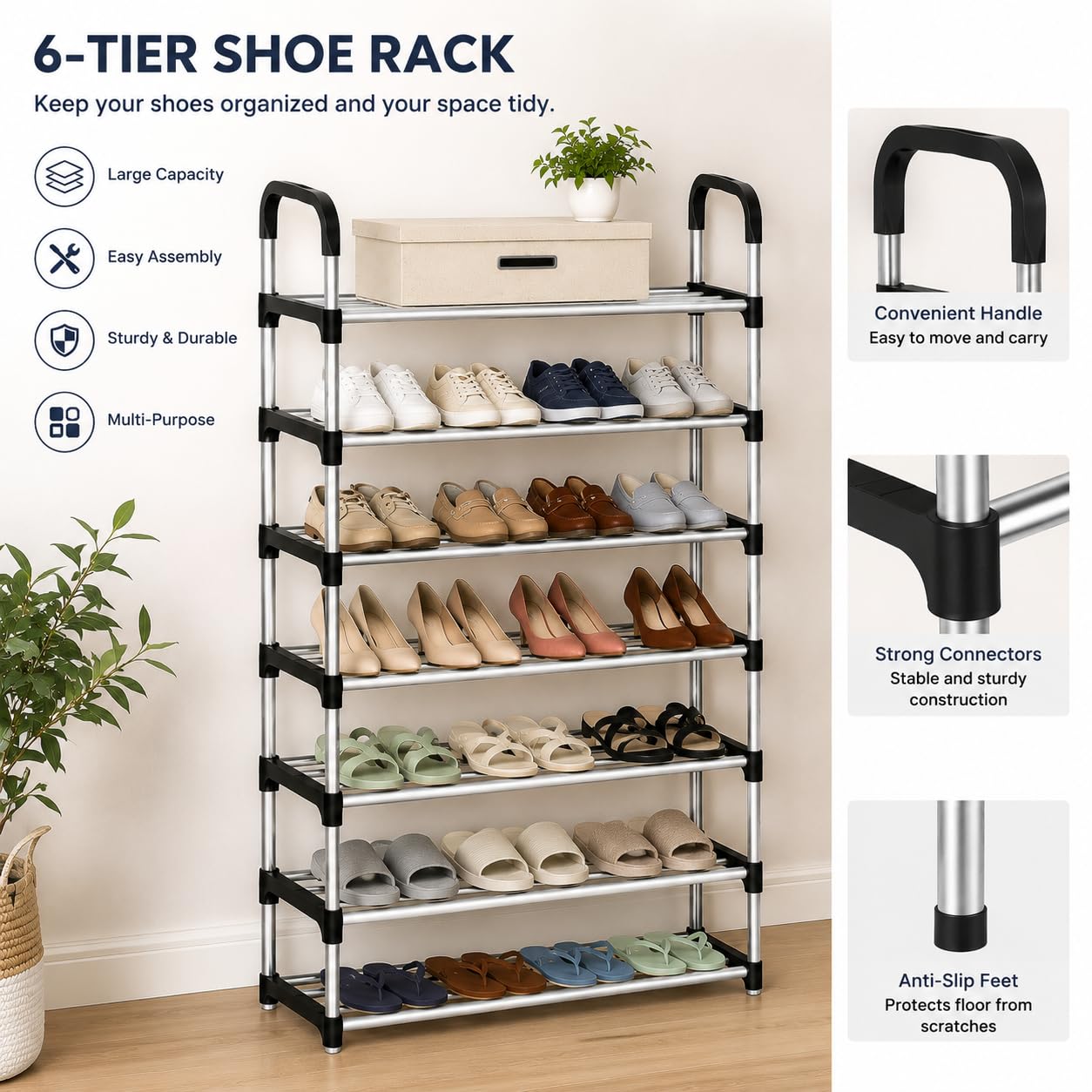 6 Tier Stainless Steel Shoe Rack Organizer | Easy Assembly Footwear Storage Shelf for Home, Office & Entryway