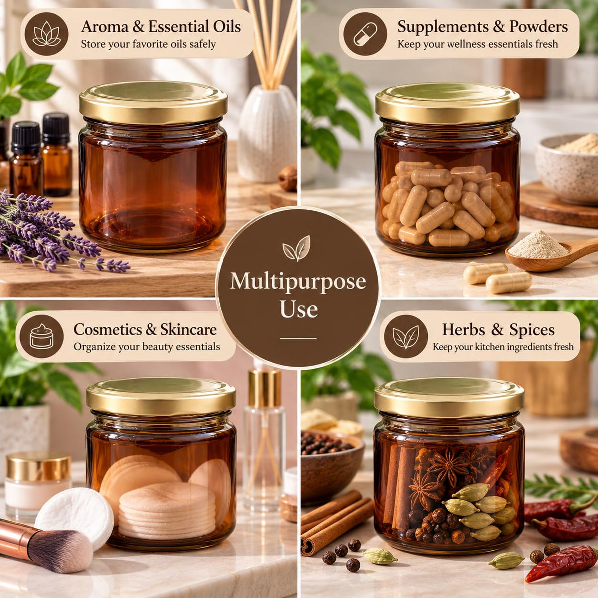 Pure Source India 250 ML Amber Glass Storage Jar | Wide Mouth Kitchen Jar for Pickles, Spices, Dry Fruits, Cookies & Snacks