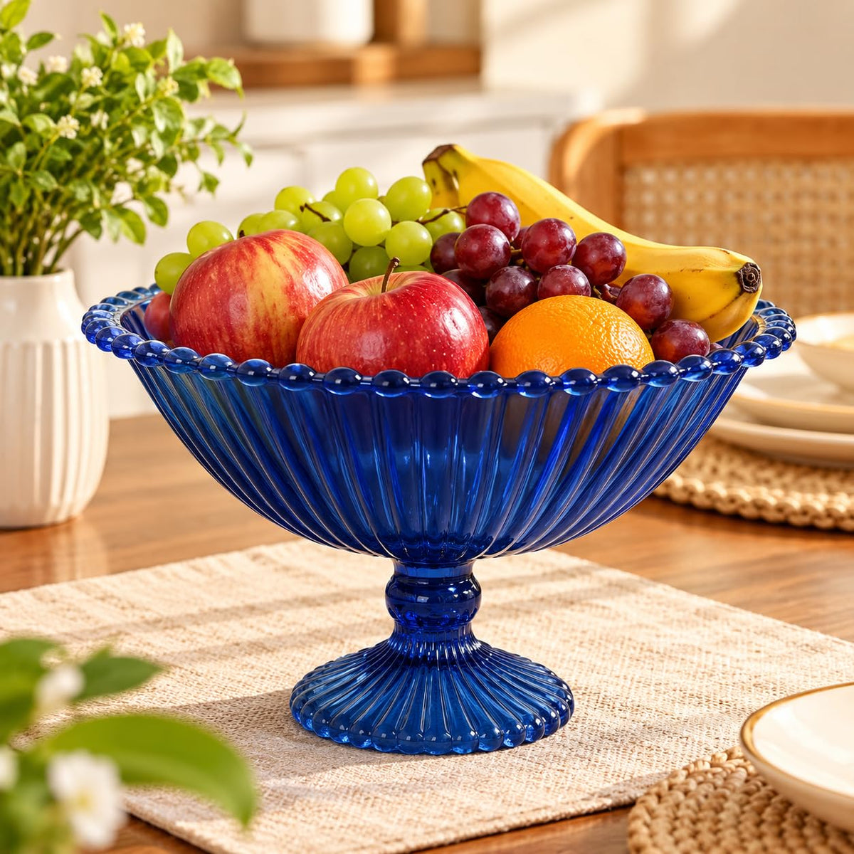 Pure Source India Blue Glass Fruit Bowl 7.5 Inch | Decorative Ribbed Pedestal Bowl for Fruits, Snacks, Desserts & Table Centerpiece | Elegant Gold Serving Bowl