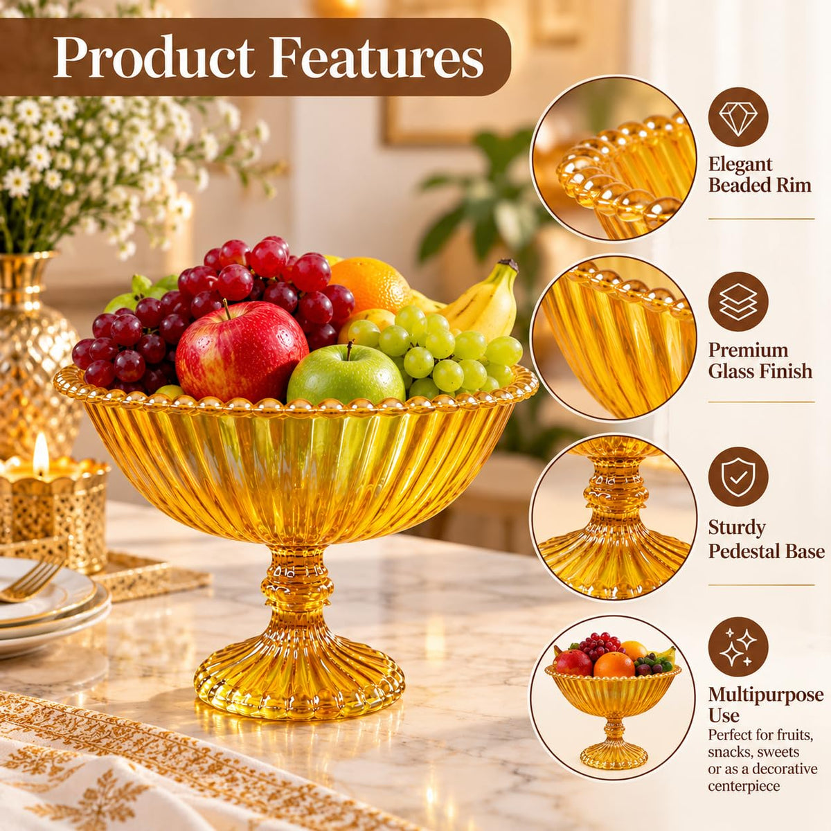 Pure Source India Yellow Glass Fruit Bowl 7.5 Inch | Decorative Ribbed Pedestal Bowl for Fruits, Snacks, Desserts & Table Centerpiece | Elegant Gold Serving Bowl