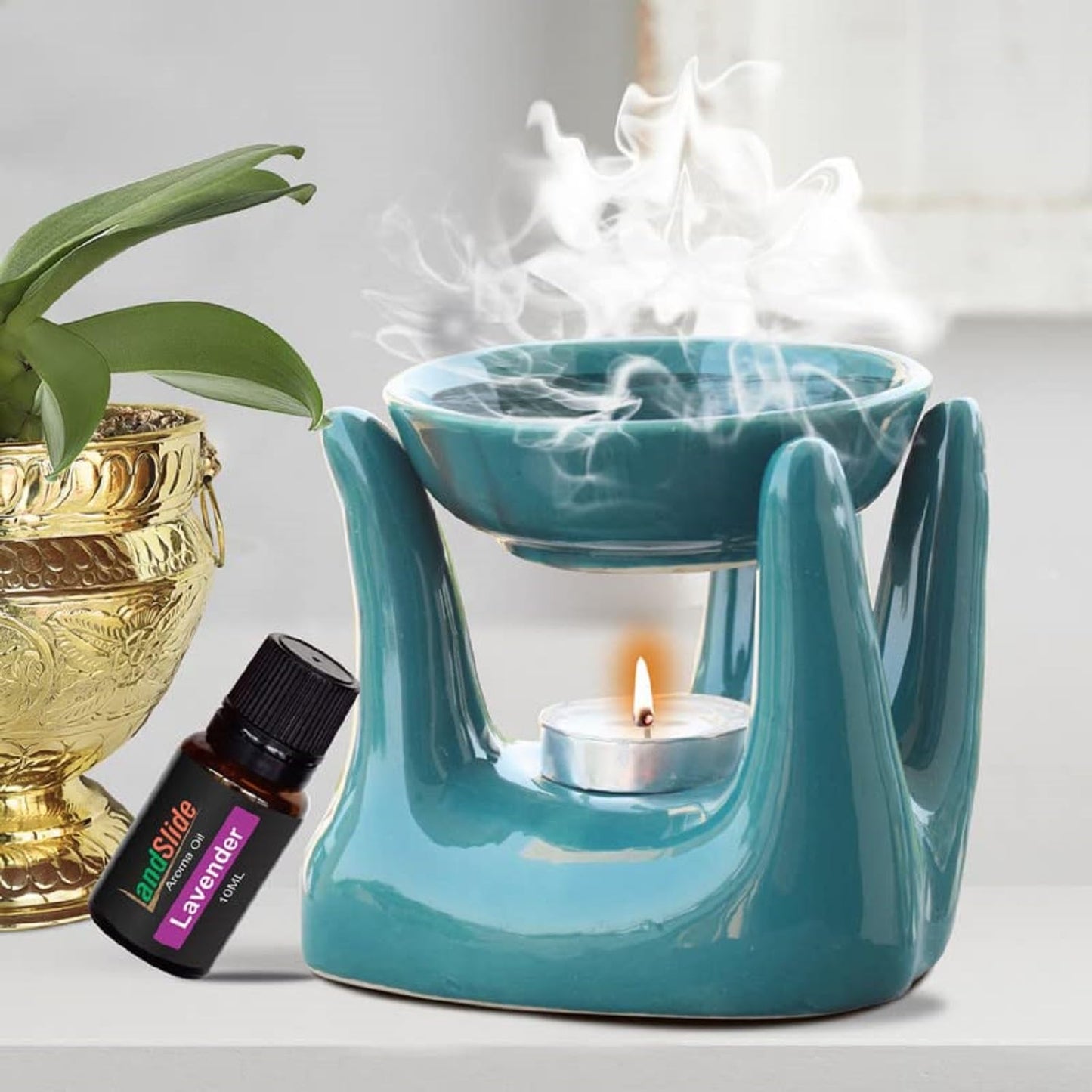Pure Source India Ceramic Hand Type Oil Burner for Home, Office, with 1 Tea Light Candle, Made by Porcelain