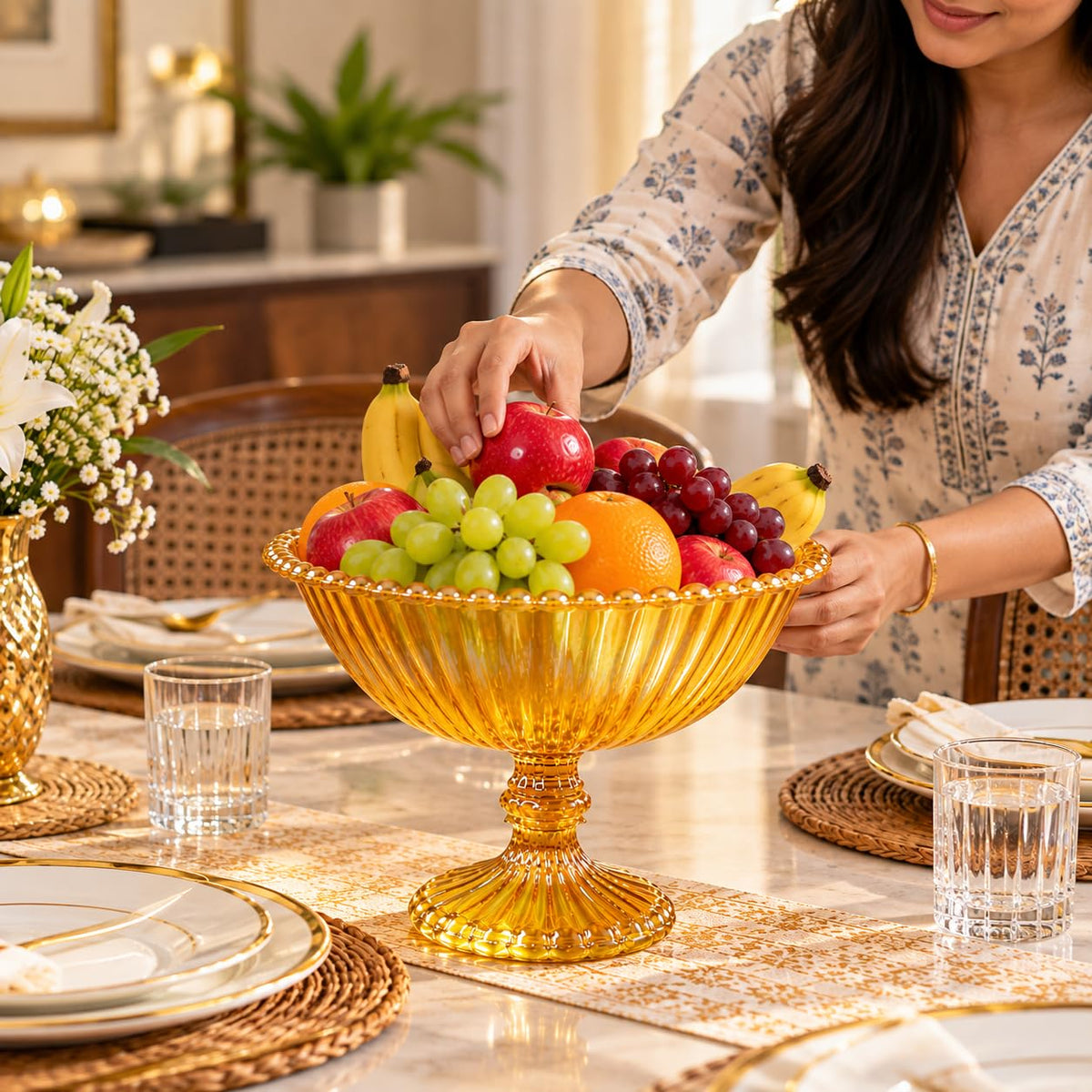 Pure Source India Yellow Glass Fruit Bowl 7.5 Inch | Decorative Ribbed Pedestal Bowl for Fruits, Snacks, Desserts & Table Centerpiece | Elegant Gold Serving Bowl