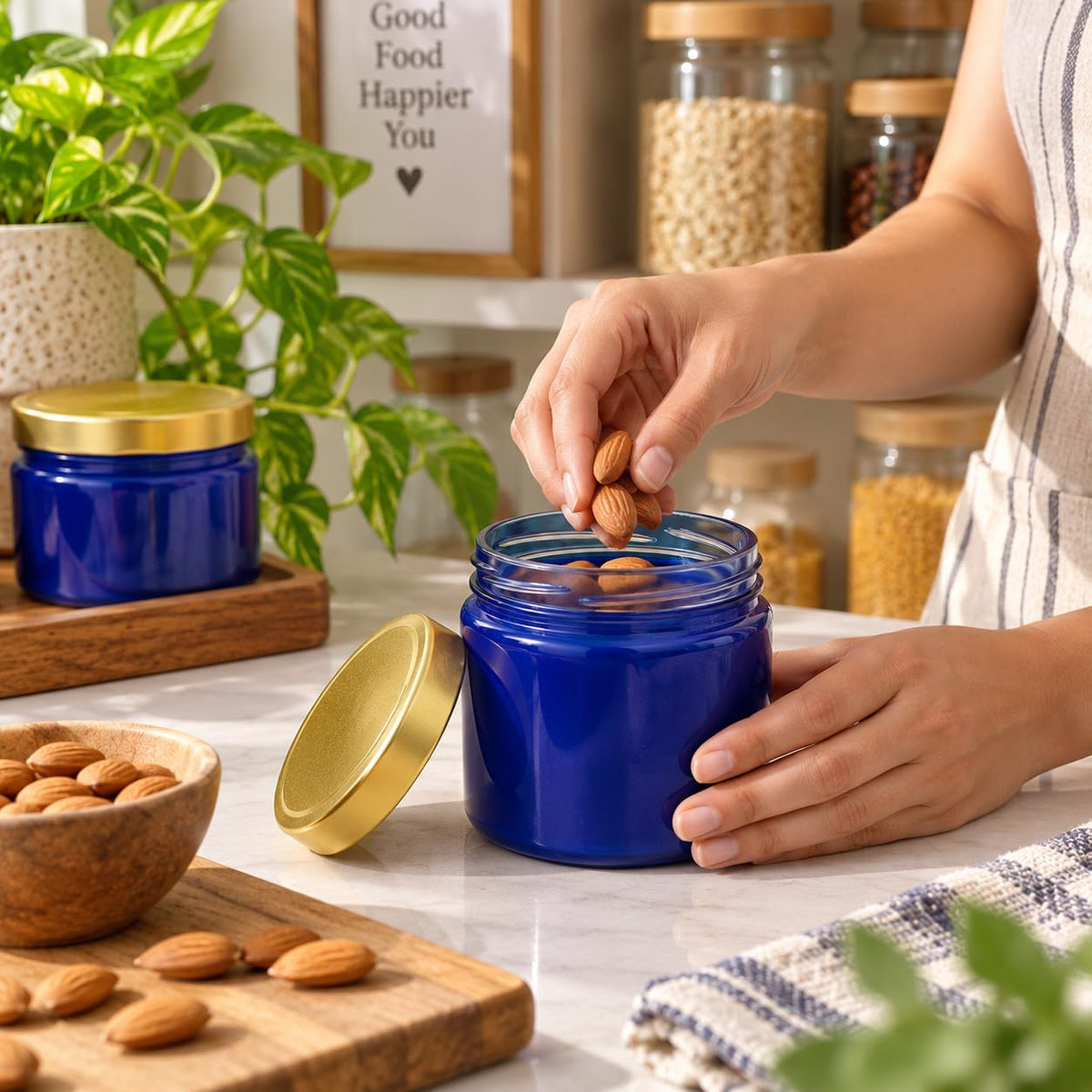 Pure Source India 250 ML Blue Glass Storage Jar | Wide Mouth Kitchen Jar for Pickles, Spices, Dry Fruits, Cookies & Snacks