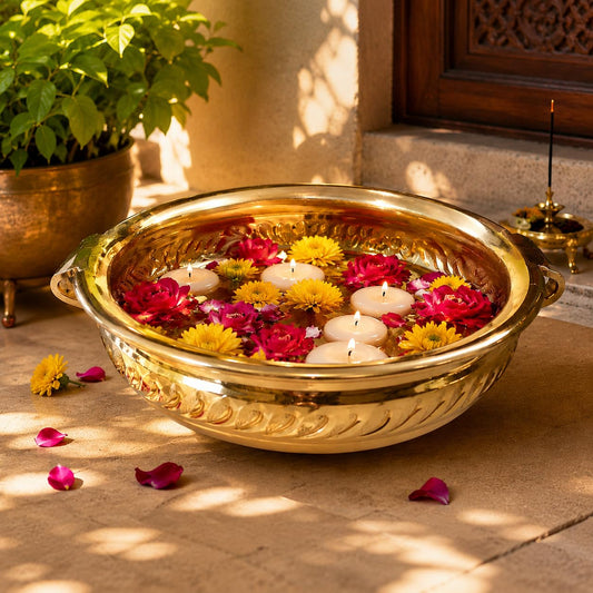 Pure Source India Handmade Brass Urli Bowl for Home Decor & Puja | Decorative Floating Flower Bowl for Entrance, Living Room, Festivals, Diwali Decoration (12 Inch)