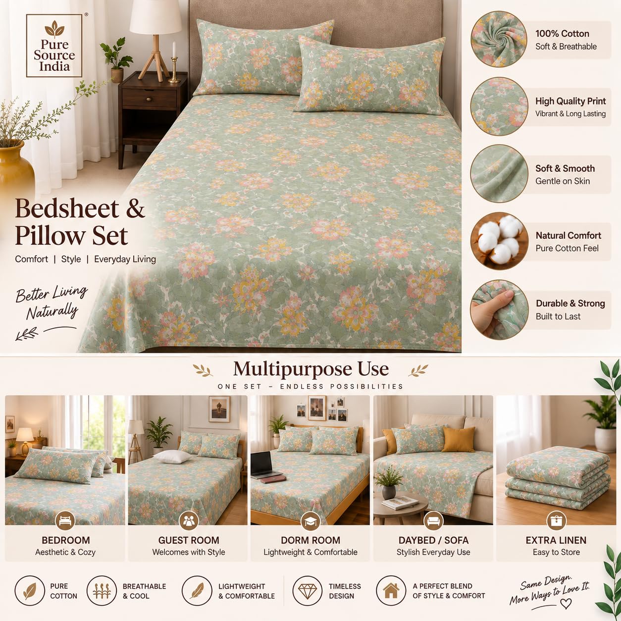 Pure Source India Poly Cotton Elegance Bedding Set, Dreamy Cotton Comfort Double Bed Sheet with Pillow Covers (Seamoss Green Flora)