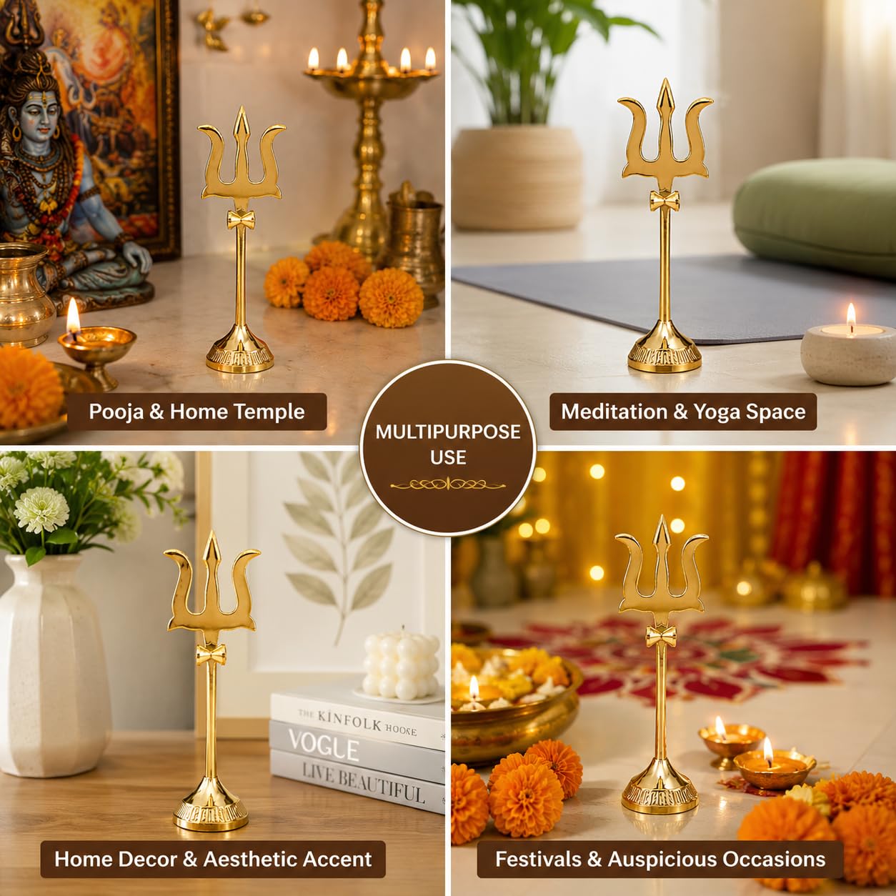 Brass Trishul with Damru Statue for Home Temple, Pooja Room & Shiv Worship | Decorative Trident Idol for Mandir, Office, Car Dashboard & Spiritual Décor