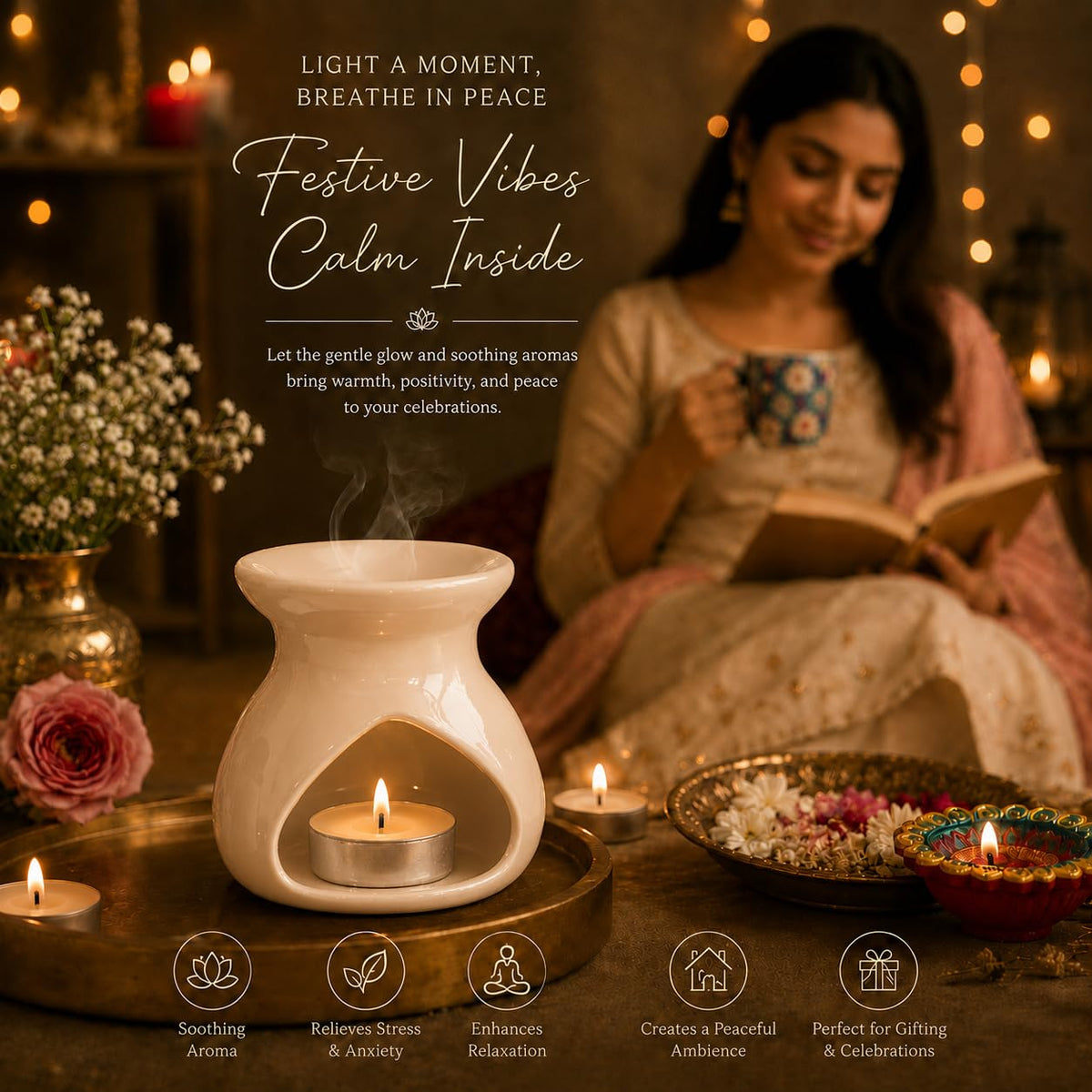 Pure Source India Diwali Pooja Gift Set with Roli Kumkum & Ghee Wicks Complete Diwali pooja and gifting combo (White)
