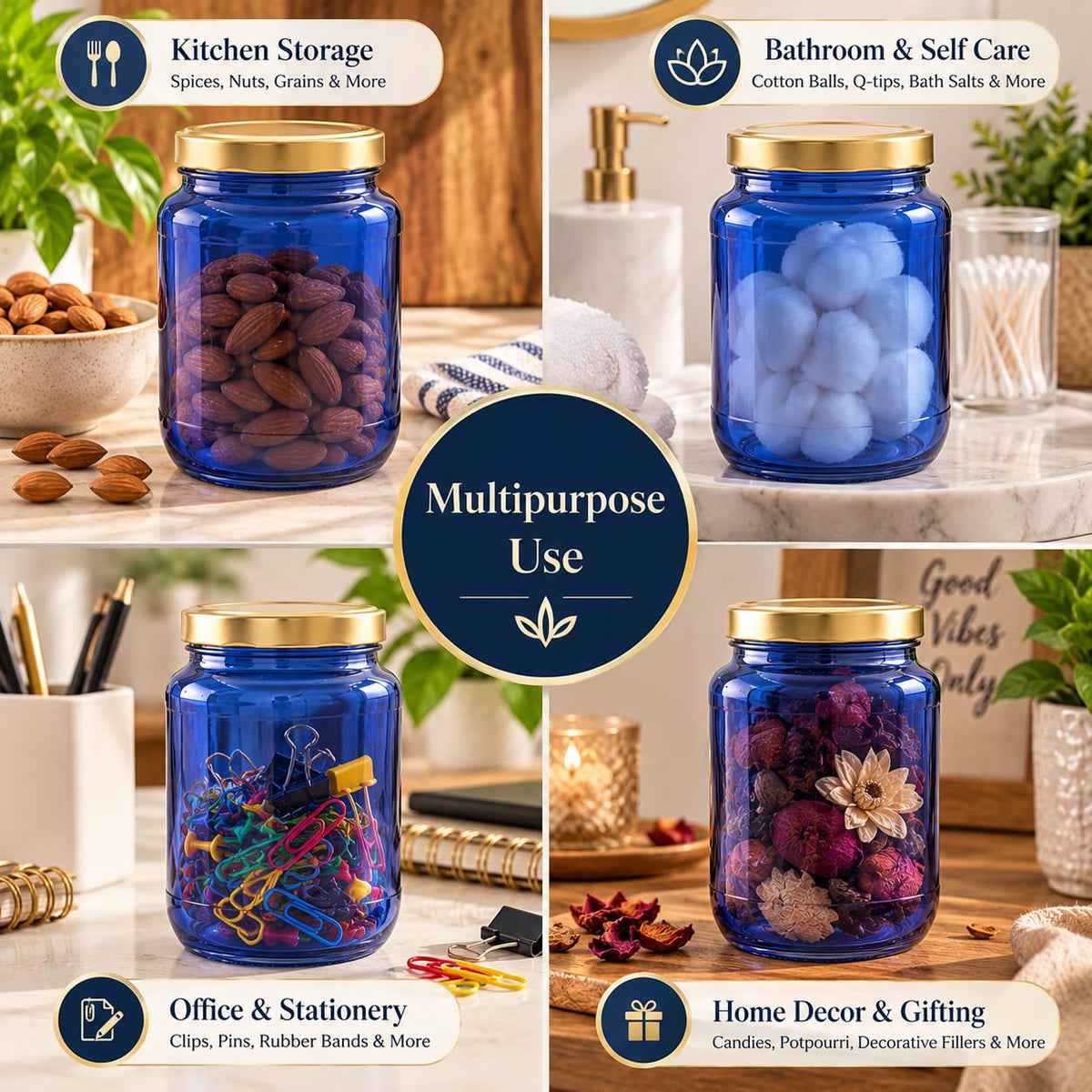 Pure Source India Blue Glass Jar with Gold Metal Lid, (1000ml), Airtight Kitchen & Pantry Container, Multipurpose Food Storage Jar