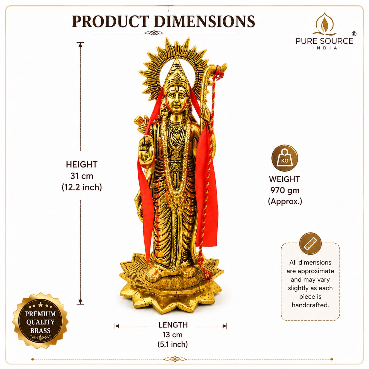 12 Inch Brass Lord Ram Idol Statue | Premium Handmade Ram Murti for Home Temple, Pooja Room, Office Desk & Gifting | Religious Decorative Showpiece