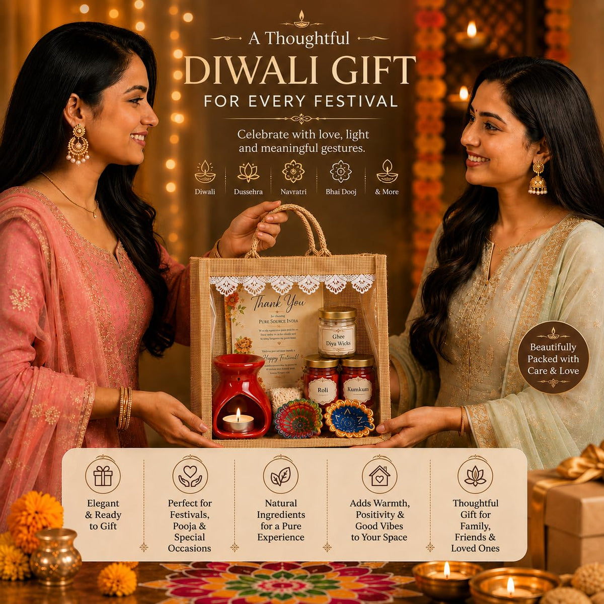 Pure Source India Diwali Pooja Gift Set with Roli Kumkum & Ghee Wicks Complete Diwali pooja and gifting combo (Red)