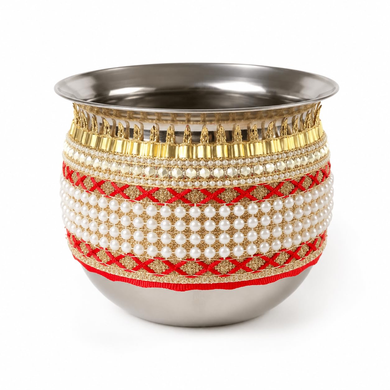 Pure Source India Handmade White Bead Embellished Karwa Chauth Pooja Thali Set, Steel Channi (Sieve), Karwa Lota | Traditional Karva Chauth Puja Kit for Married Women