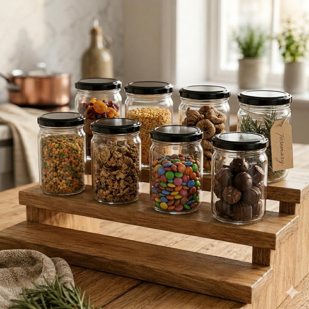 Pure Source India Glass Jar Container With Metal Black Airtight Lid, Capacity 500gm