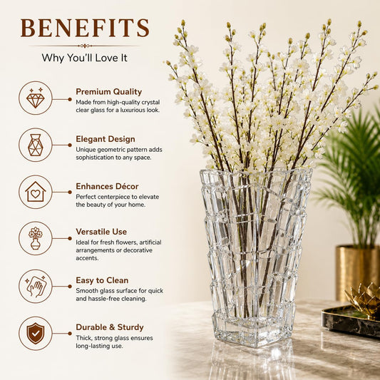 Pure Source India Square Crystal Glass Flower Vase | Clear Decorative Table Vase for Fresh & Artificial Flowers | Modern Square Cut Glass Vase for Home, Office & Gifting | 9.6 Inch