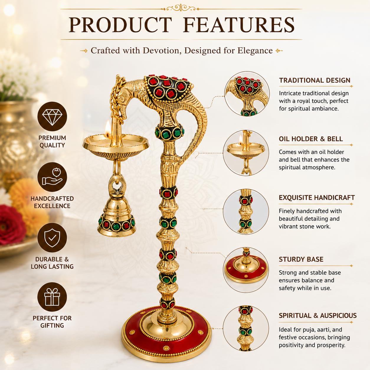 9 Inch Brass Peacock Diya for Pooja | Traditional Decorative Oil Lamp with Hanging Bell | Handmade Brass Deepam for Home Temple, Mandir, Diwali, Navratri & Housewarming Gift