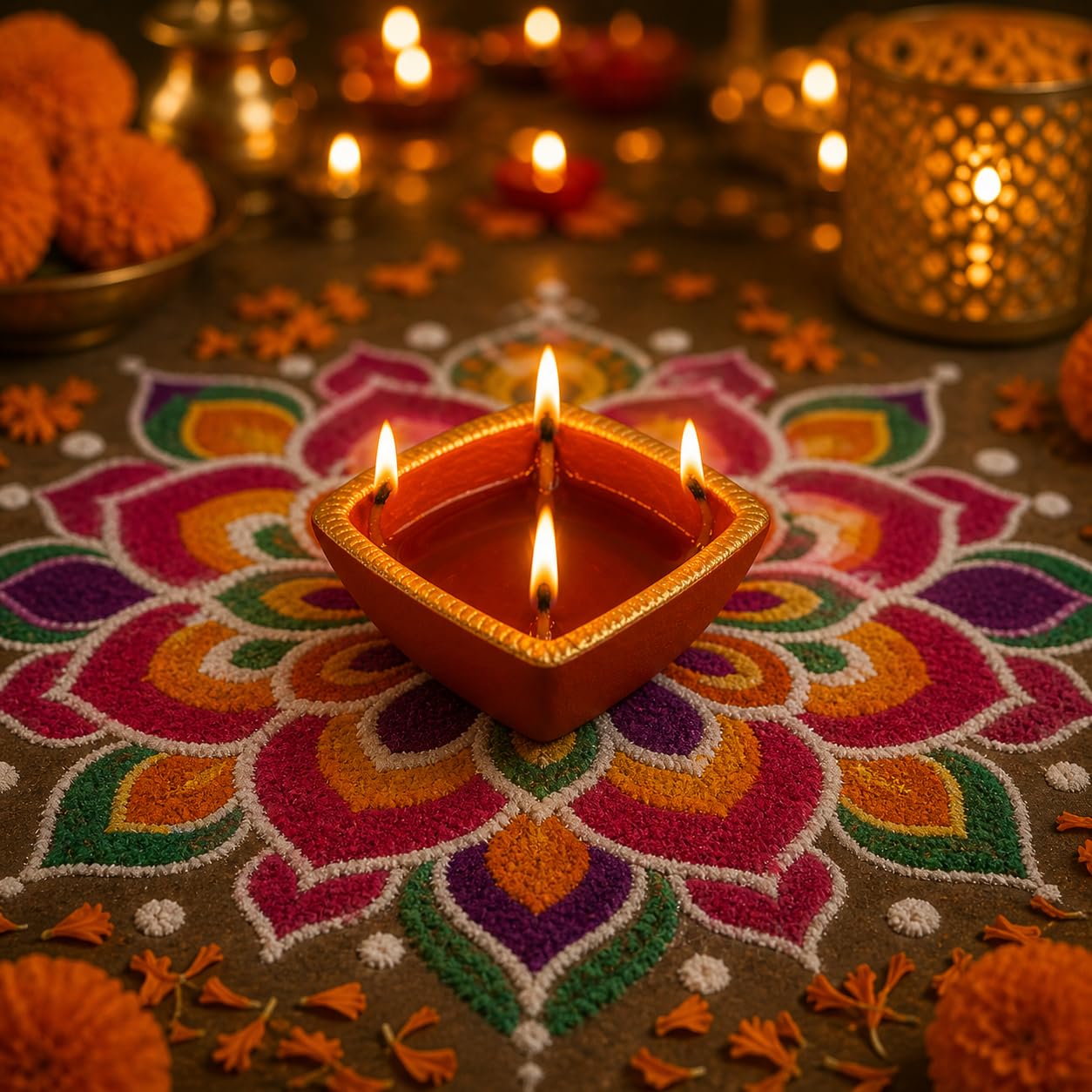Pure Source India Decorative 4-Wick Diya Lamp with Golden Border, Traditional Oil Lamp for Diwali, Pooja, Rangoli & Festive Home Décor 5 Inch / 200 ML)