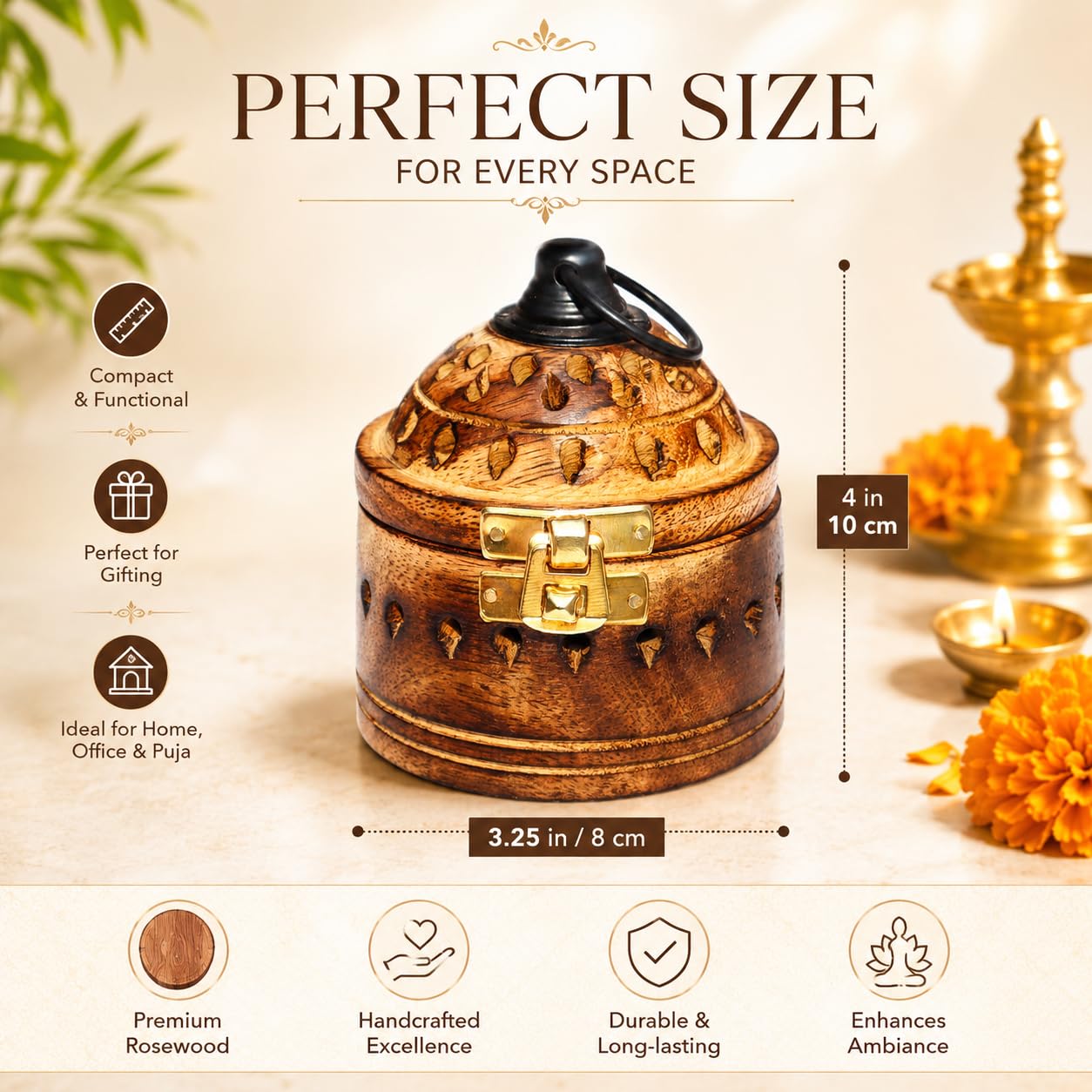 Hanging Rosewood Wooden Sambrani Incense Holder | Decorative Agarbatti & Dhoop Cone Stand | Ideal for Puja, Home, and Office Fragrance