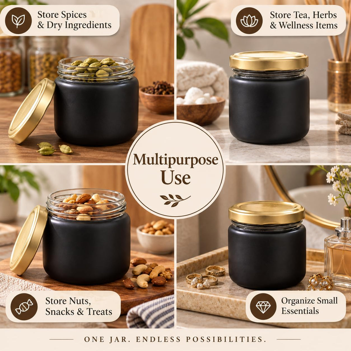 Pure Source India 250 ML Black Glass Storage Jar | Wide Mouth Kitchen Jar for Pickles, Spices, Dry Fruits, Cookies & Snacks