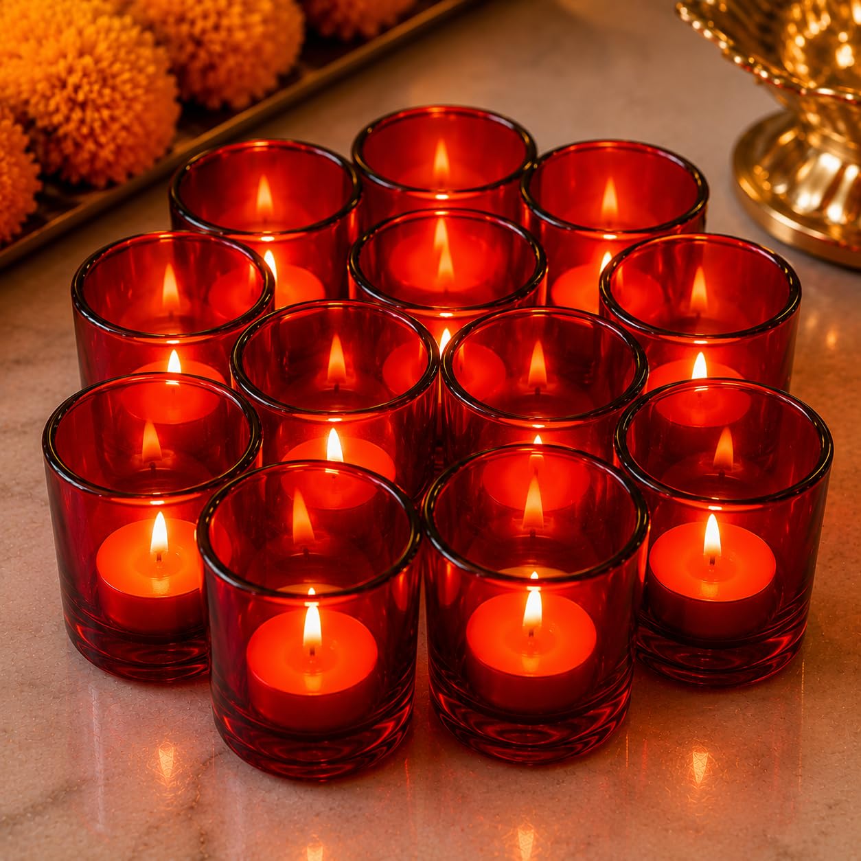 Pure Source India Set of 12 Glass Votive Tealight Candle Holders - Living Room Side Table Home Decoration (Glass, Pack of 12, Red)