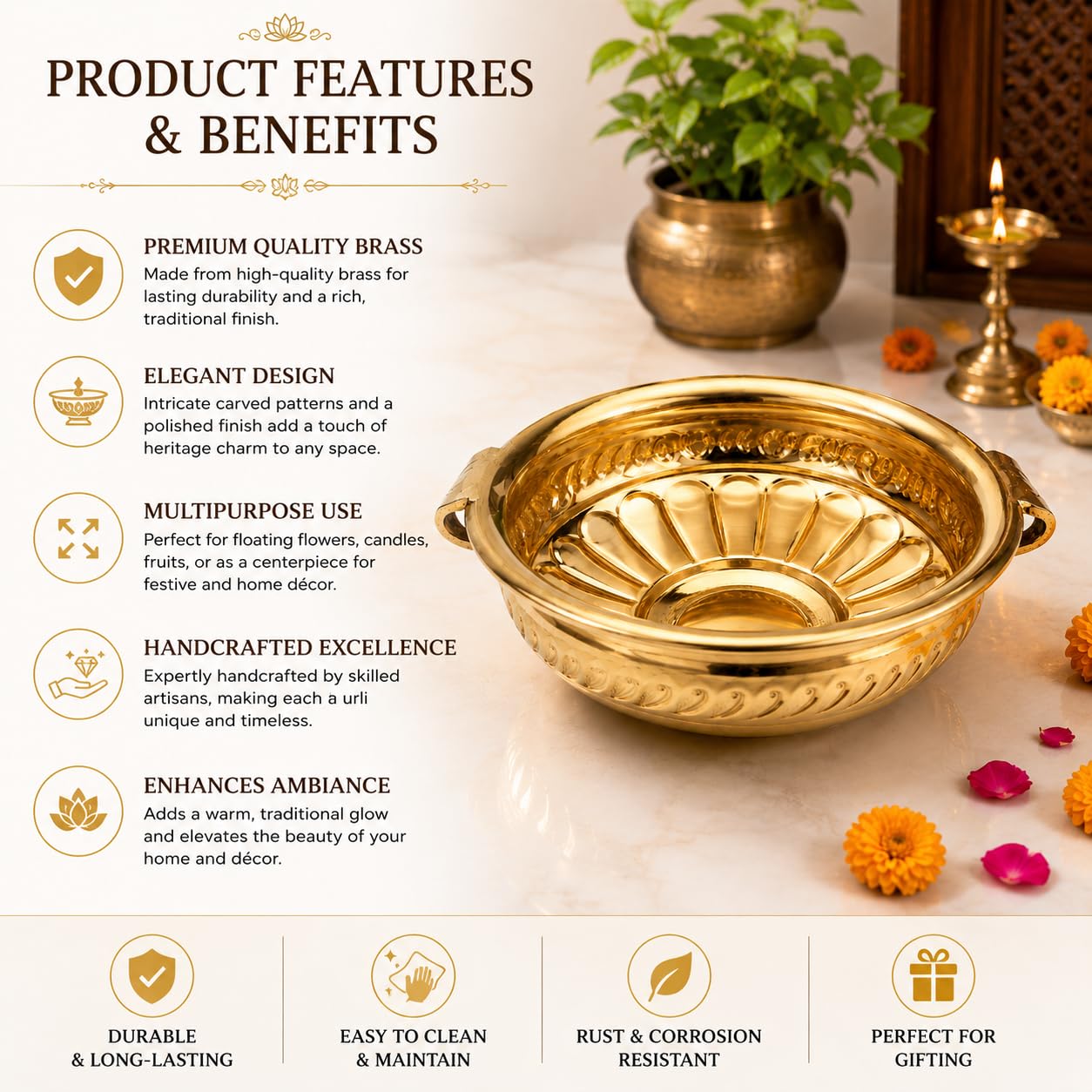 Pure Source India Handmade Brass Urli Bowl for Home Decor & Puja | Decorative Floating Flower Bowl for Entrance, Living Room, Festivals, Diwali Decoration (12 Inch)
