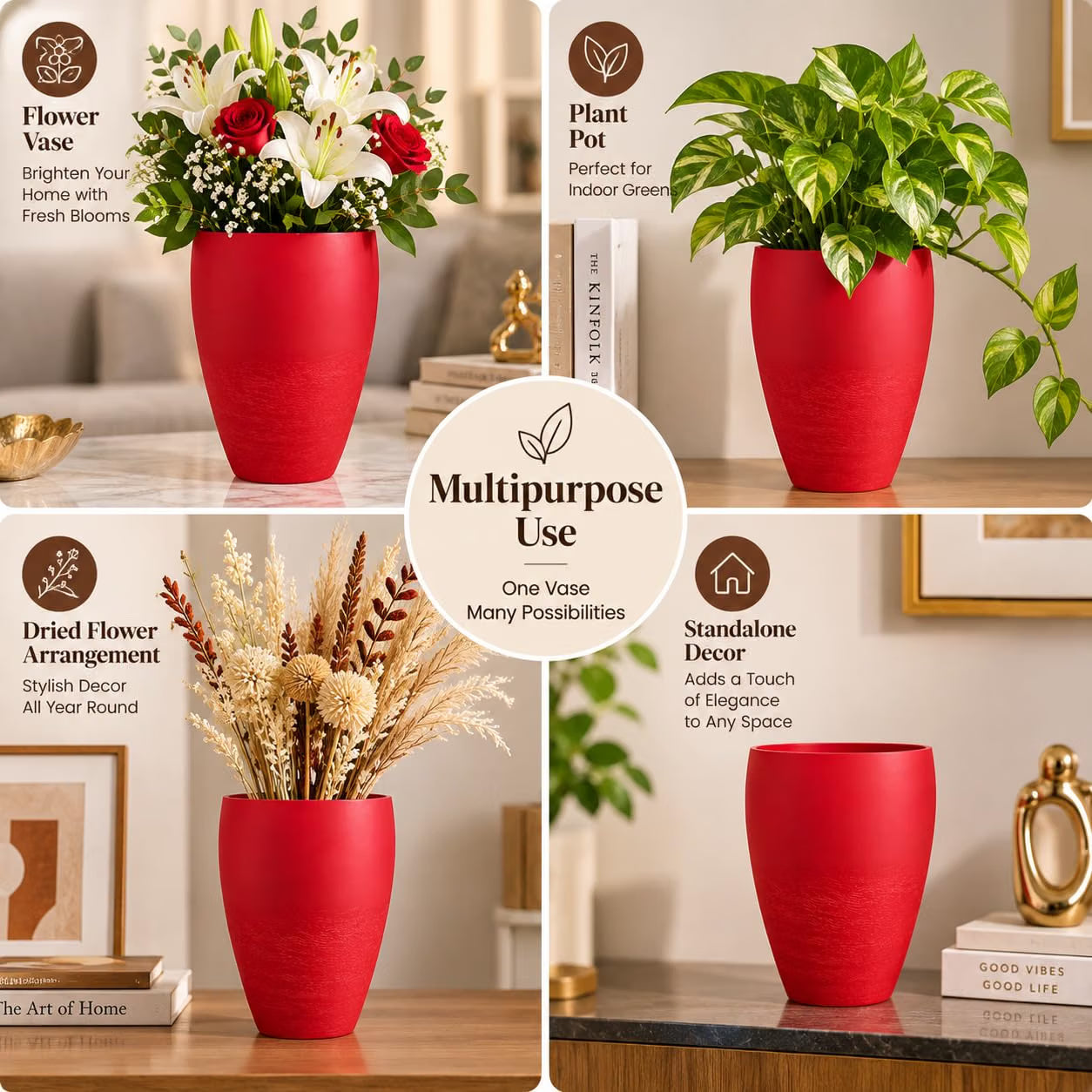 Pure Source India Red Flower Vase for Home Décor | Decorative Tabletop Planter for Living Room & Dining Table