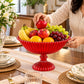 Pure Source India Red Glass Fruit Bowl 7.5 Inch | Decorative Ribbed Pedestal Bowl for Fruits, Snacks, Desserts & Table Centerpiece | Elegant Gold Serving Bowl