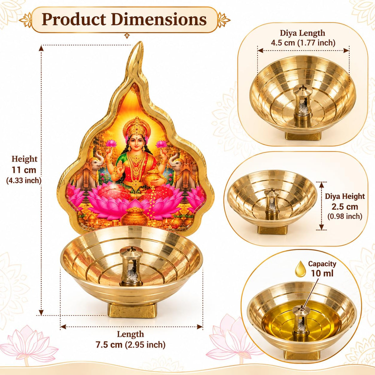 Pure Source India Laxmi Ji Brass Diya for Puja, Decorative Oil Lamp for Diwali Pooja Mandir Decoration & Festive Gifting