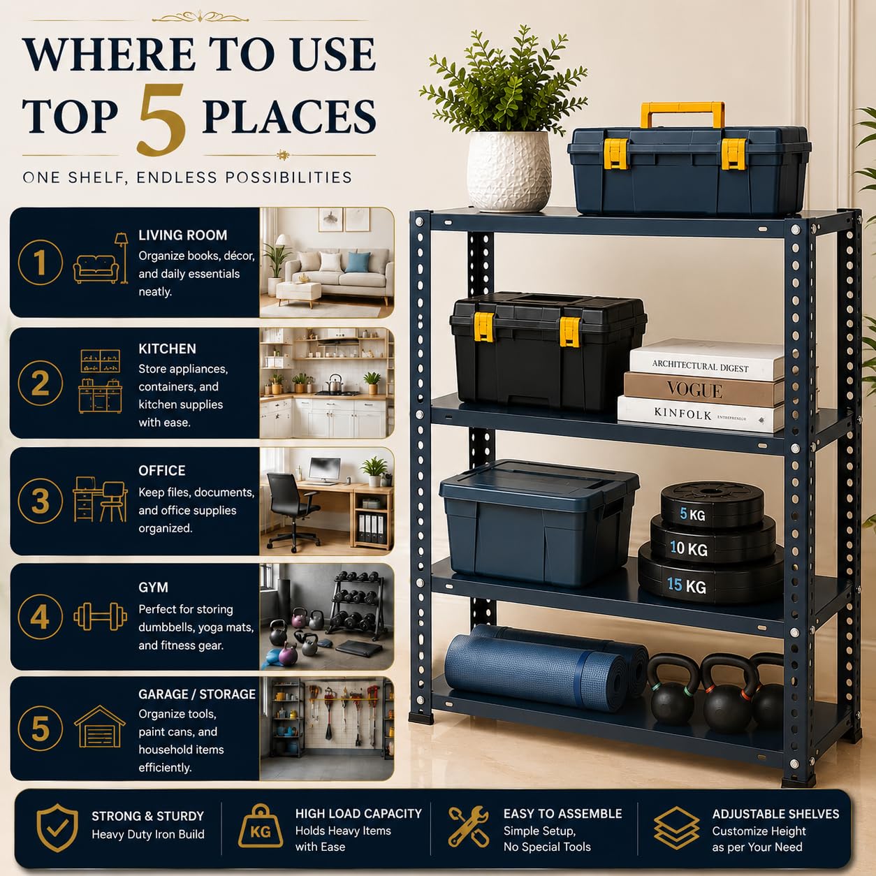 Pure Source India Iron Matte Finish (2 X 1 X 4 FT) (5 Shelf) Adjustable Display Rack for Home Office & Gym Use