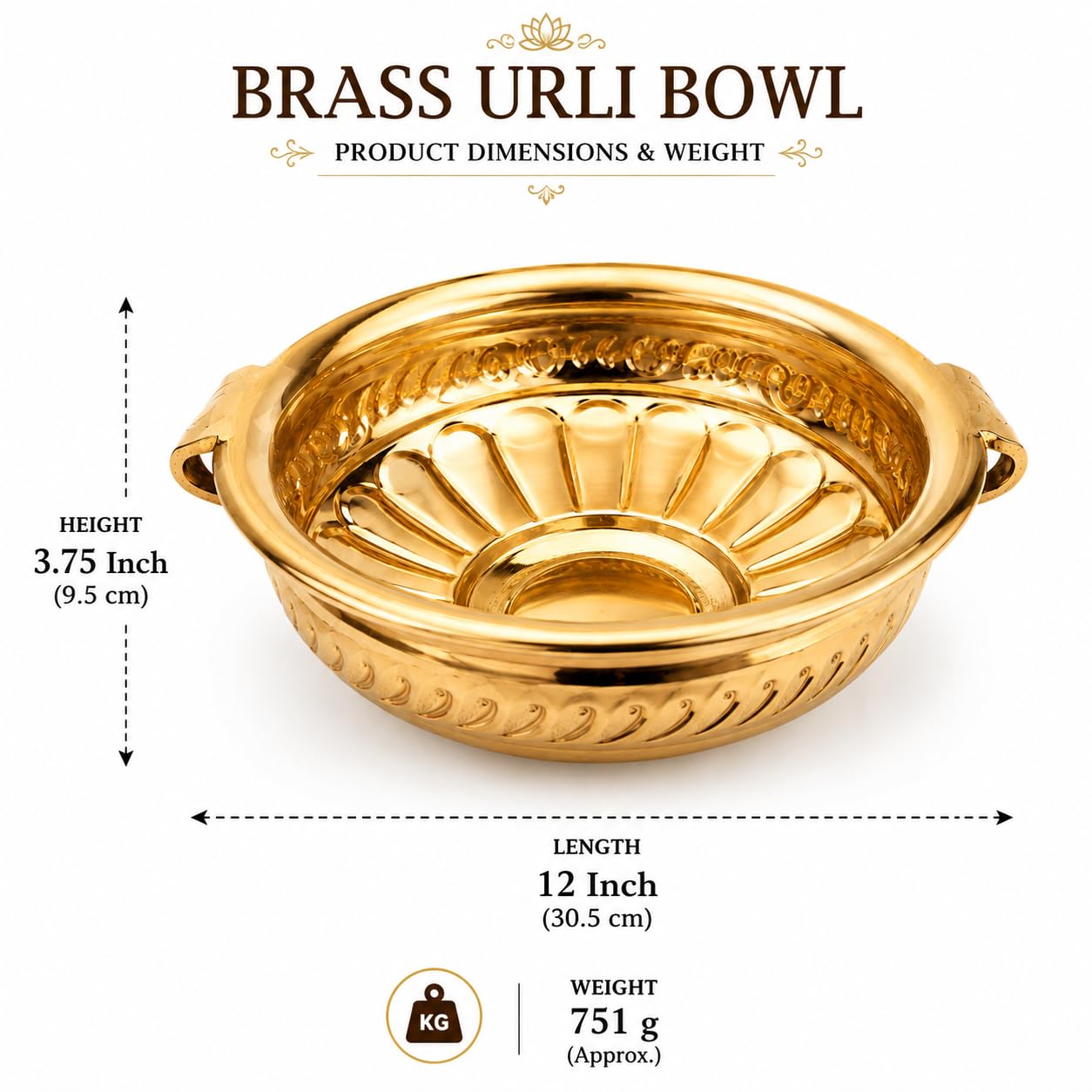 Pure Source India Handmade Brass Urli Bowl for Home Decor & Puja | Decorative Floating Flower Bowl for Entrance, Living Room, Festivals, Diwali Decoration (12 Inch)