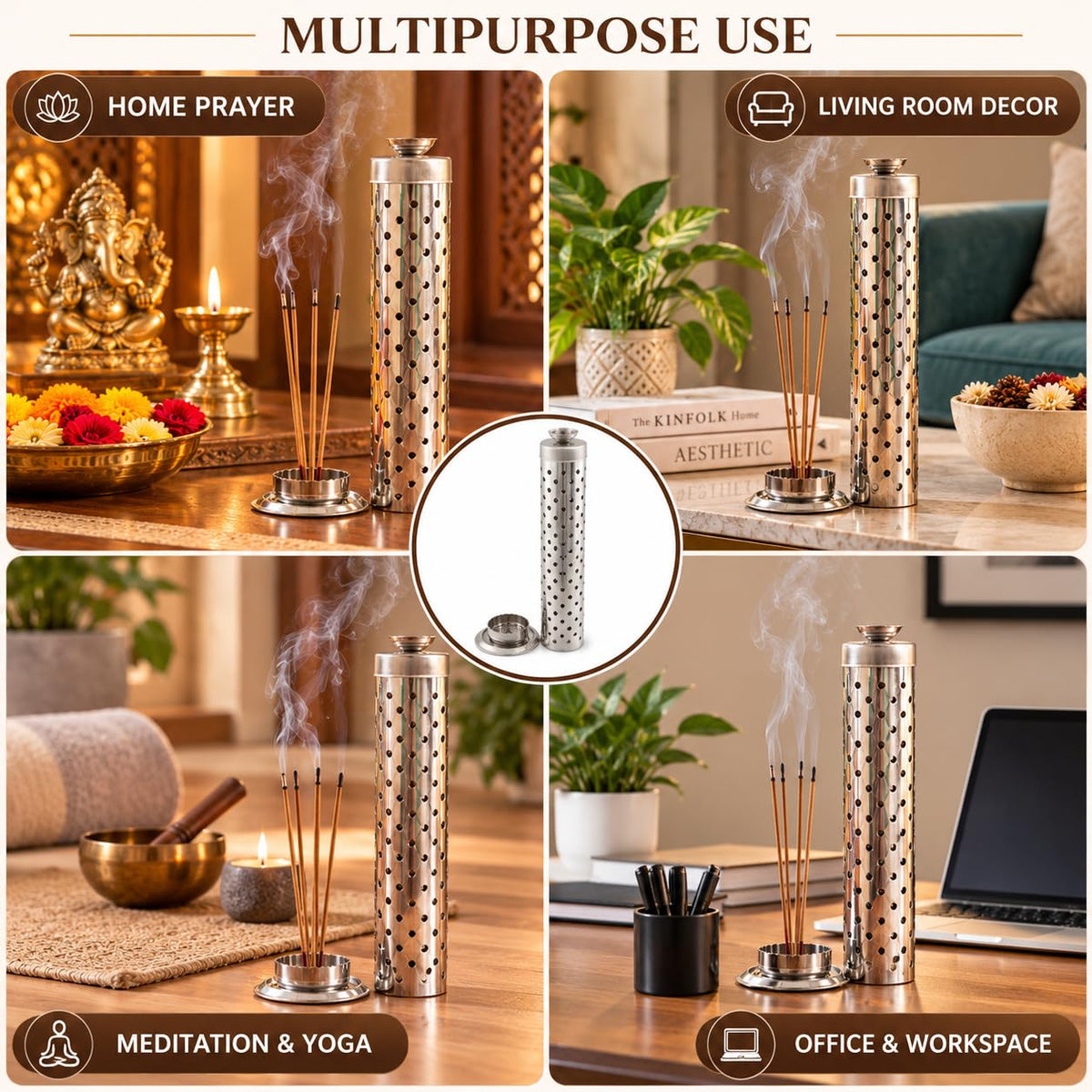 Pure Source India Stainless Steel Incense Stick Holder for Home Temple, Pooja Room and Meditation