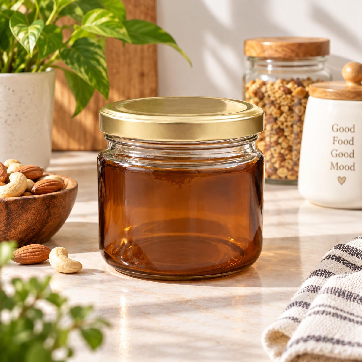 Pure Source India 250 ML Amber Glass Storage Jar | Wide Mouth Kitchen Jar for Pickles, Spices, Dry Fruits, Cookies & Snacks