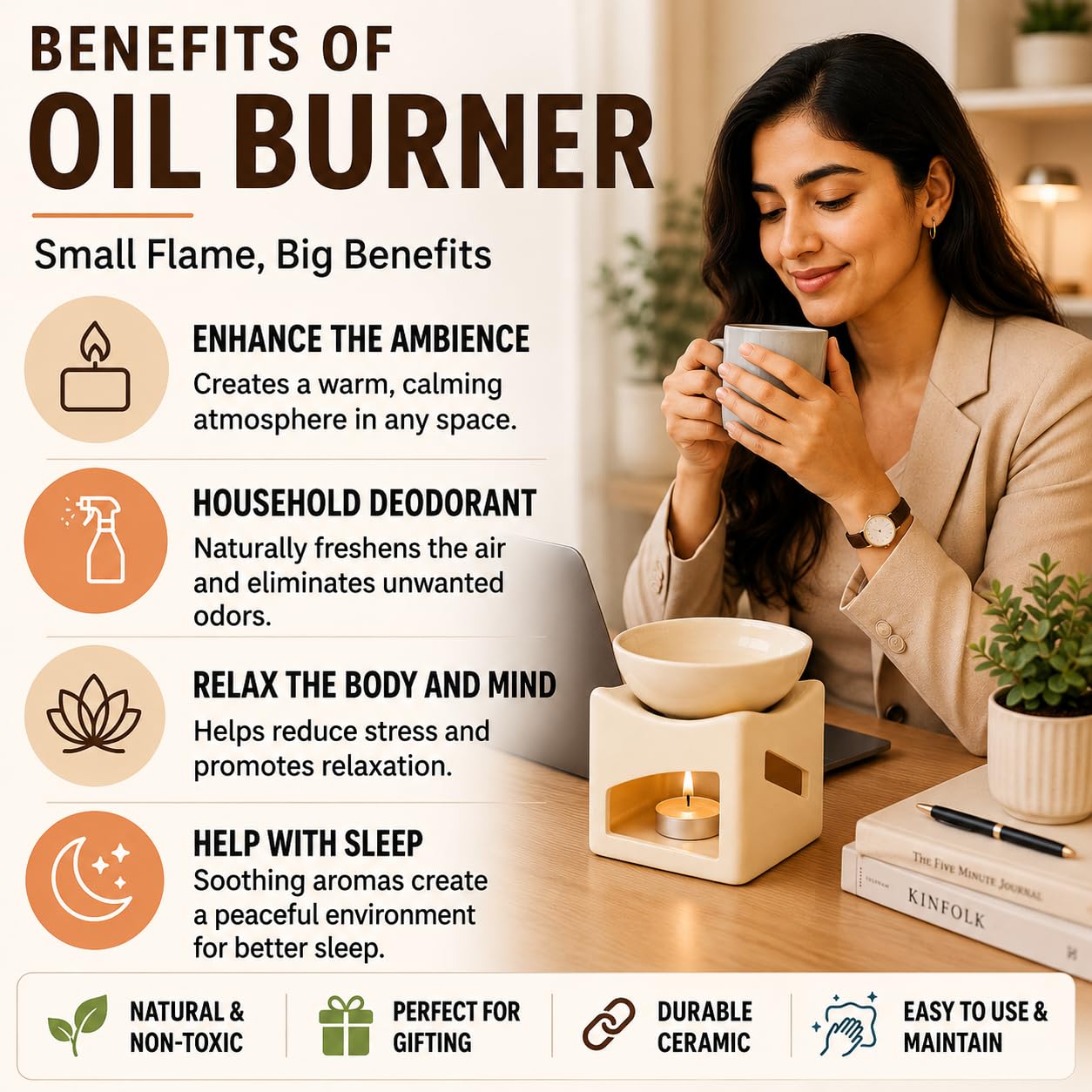 Pure Source India Ceramic Clay Candle Operated Aroma Burner Oil Diffuser, Extra Large Bowl, with 1 Tealight, 4.25 Inch