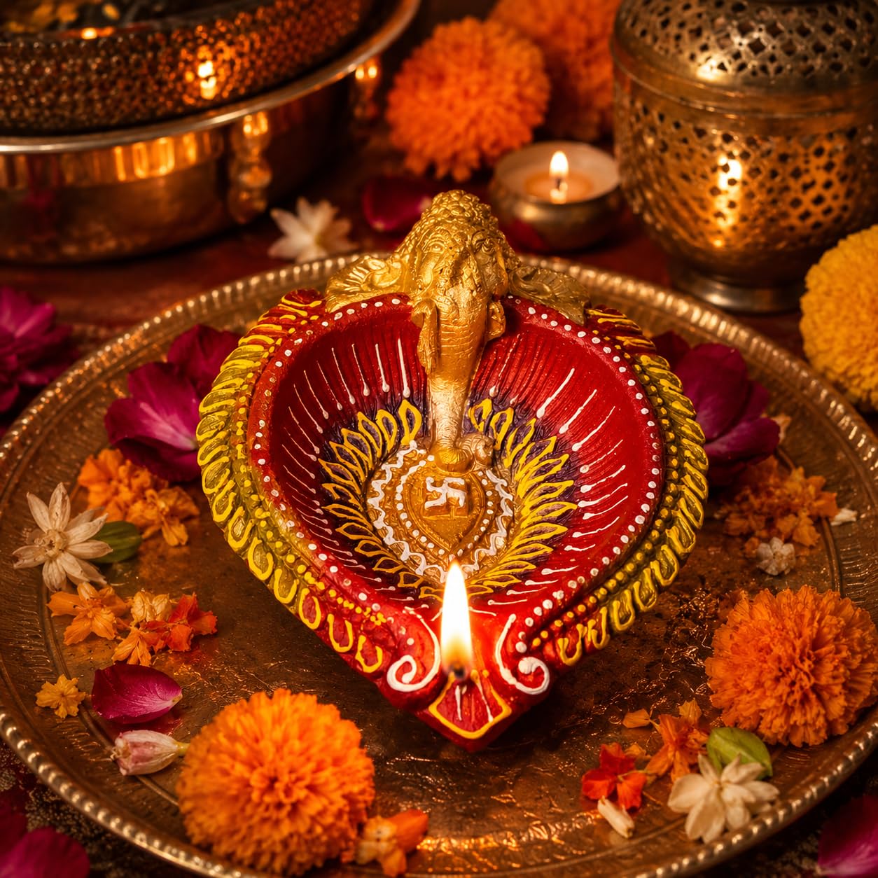 Pure Source India Decorative Ganesh Ji Diya| Handcrafted Red & Gold Oil Lamp with Auspicious Swastik Design | Traditional Diwali Diya for Festivals, Pooja Room & Gifting