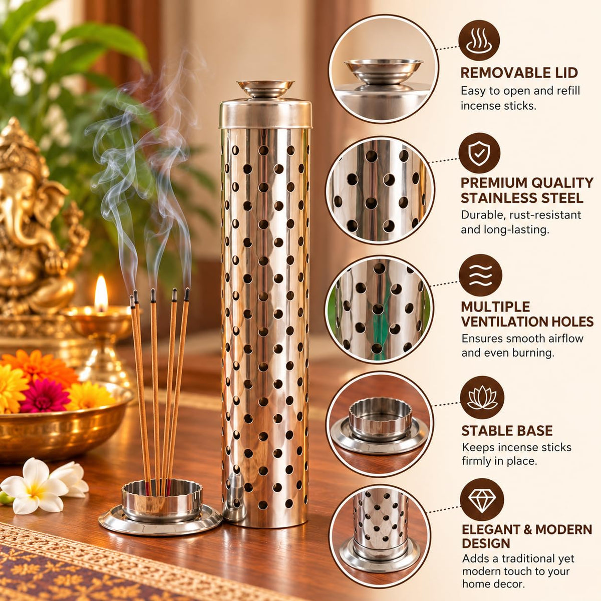 Pure Source India Stainless Steel Incense Stick Holder for Home Temple, Pooja Room and Meditation