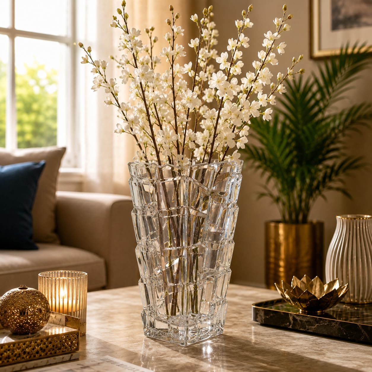 Pure Source India Square Crystal Glass Flower Vase | Clear Decorative Table Vase for Fresh & Artificial Flowers | Modern Square Cut Glass Vase for Home, Office & Gifting | 9.6 Inch
