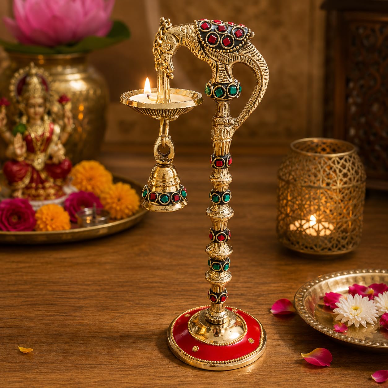 9 Inch Brass Peacock Diya for Pooja | Traditional Decorative Oil Lamp with Hanging Bell | Handmade Brass Deepam for Home Temple, Mandir, Diwali, Navratri & Housewarming Gift
