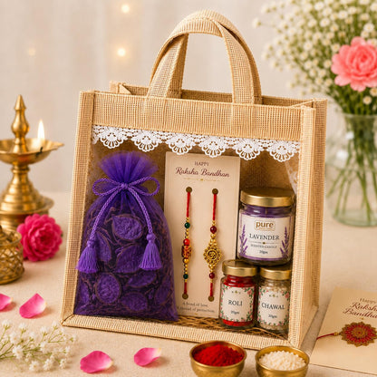 Pure Source India Raksha Bandhan Gift Hamper for Brother | Premium Jute Gift Bag with 2 Designer Rakhi, Scented Candle, Potpourri, Roli & Chawal