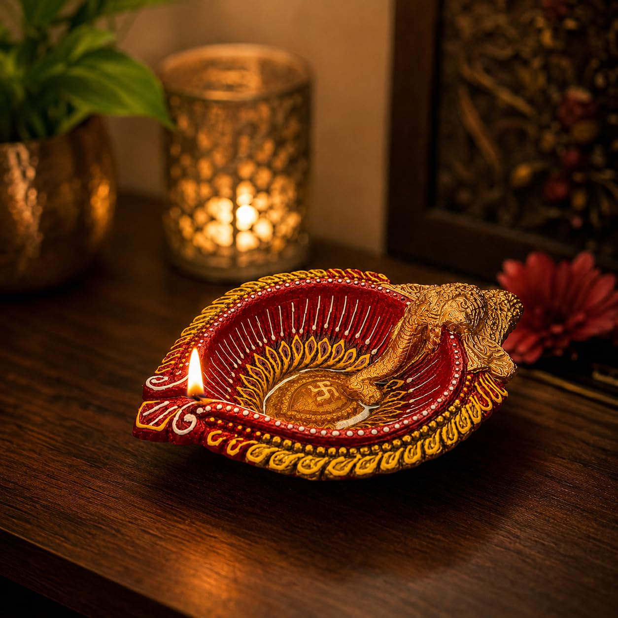 Pure Source India Decorative Ganesh Ji Diya| Handcrafted Red & Gold Oil Lamp with Auspicious Swastik Design | Traditional Diwali Diya for Festivals, Pooja Room & Gifting