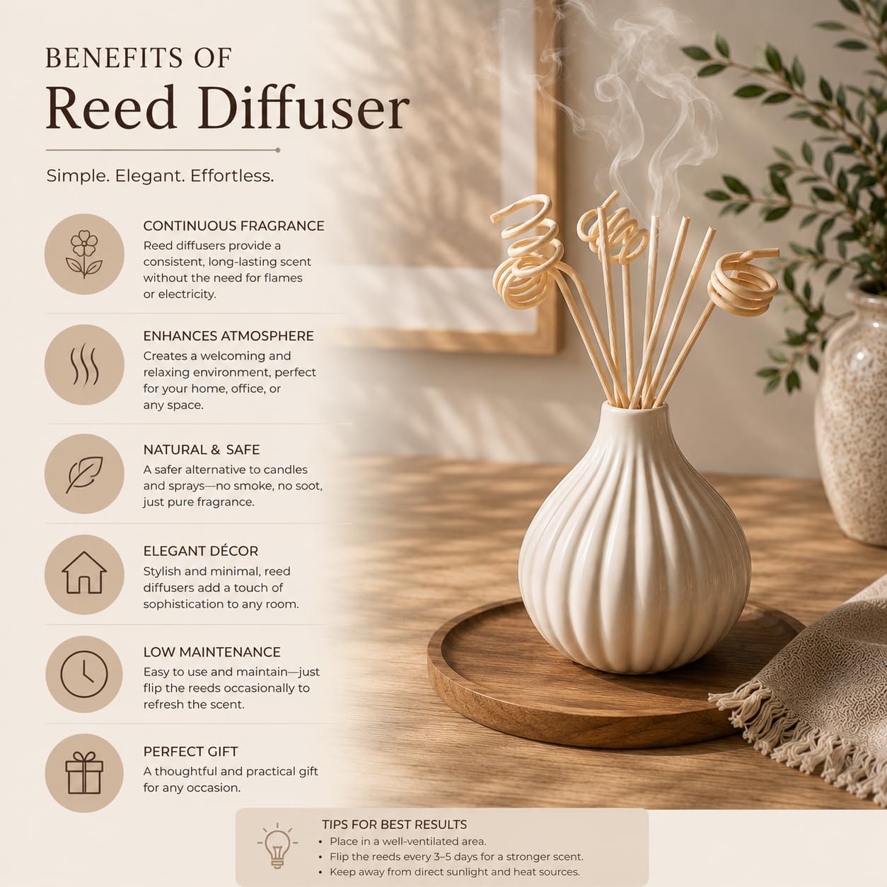 Pure Source India Ceramic Reed Diffuser Pot/Flower Pot/Christmas Decoration and New Year Gifts (Standard, White) with 8 pcs reed stick