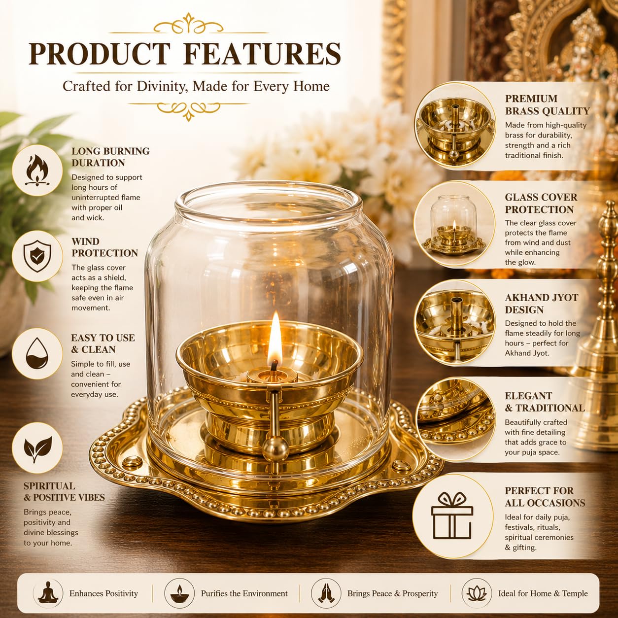 Pure Source India 150ml Oil Capacity Brass Akhand Diya with Glass Cover | Long Burning Akhand Jyot Lamp | Wind Protection Glass Dome | Traditional Puja Diya for Home Temple, Mandir & Festivals