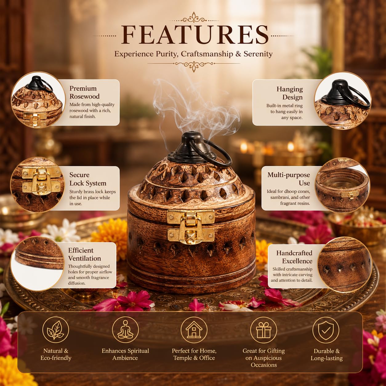 Hanging Rosewood Wooden Sambrani Incense Holder | Decorative Agarbatti & Dhoop Cone Stand | Ideal for Puja, Home, and Office Fragrance